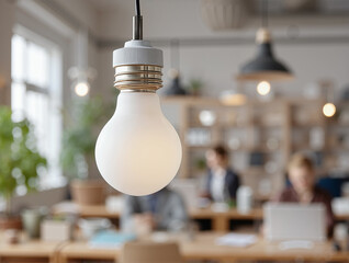 Soft White Pendant Light Bulb Hanging from Ceiling, Overlooking Blurred Open-Plan Office Full of Professionals Working Below in Morning Light, Evoking a Working Time Concept.

