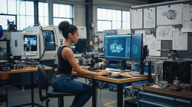 A focused engineer working diligently on a computer in a modern workshop, analyzing technical drawings and designs on multiple screens, showcasing innovation and creativity in engineering.