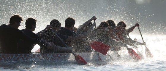 Dragon boat racing team performing synchronized stroke in water