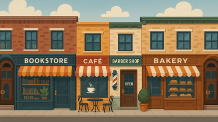 Row of small business shops including bookstore cafe bakery and barbershop with colorful storefronts representing local retail street and community economy