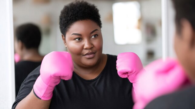 Plus size kickboxing instructor leading class in front of mirror wearing pink boxing gloves