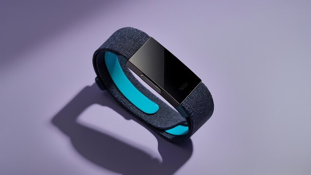 Modern fitness tracker with glowing blue accent on a minimalist purple background with shadow