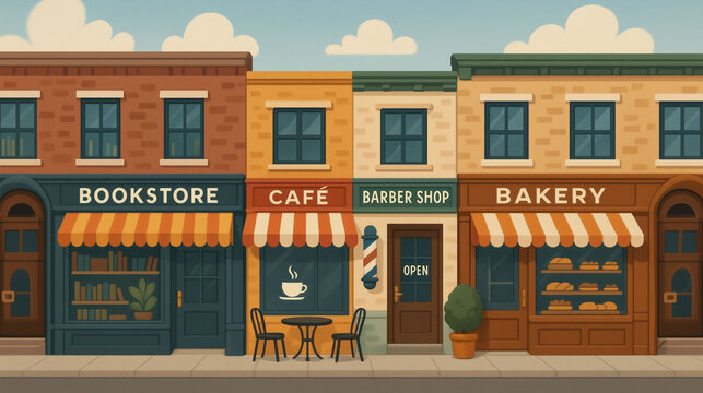 Row of small business shops including bookstore cafe bakery and barbershop with colorful storefronts representing local retail street and community economy