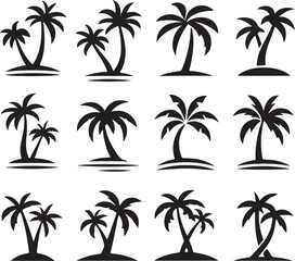Fototapeta premium Palm tree silhouettes on a tropical summer landscape with beach and nature elements