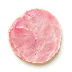 Slice of Pink Cured Meat with Cracked Surface Isolated on White Background