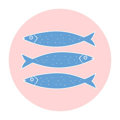 cute hand drawn flat logo design templates, vector icon and badge for social media highlight with blue sardine summertime italian vacation traditional food on pink background