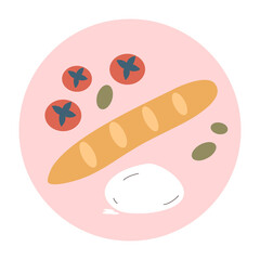 cute hand drawn flat logo design templates, vector icon and badge for social media highlight with bread, olives, mozzarella and tomatoes summertime italian vacation traditional food 