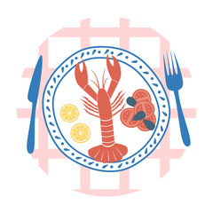 cute hand drawn flat logo design templates, vector icon and badge for social media highlight with lobster and tomatoes summertime italian vacation traditional food on striped background	