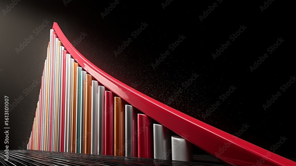 Poster high-tech 3d bar and line chart hybrid showing upward growth with glossy surfaces and black backgrou