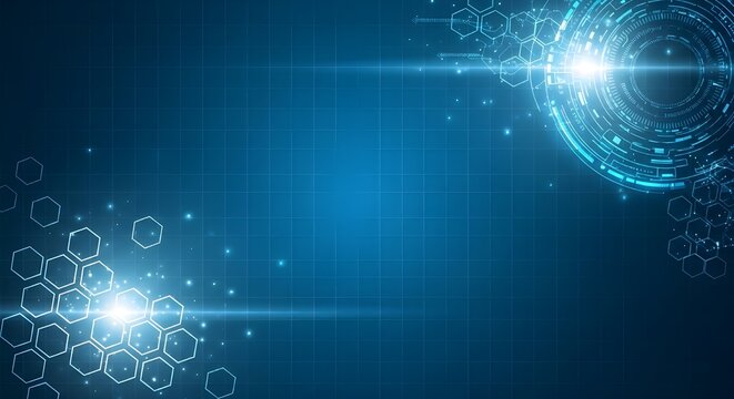 Blue digital technology background with glowing hexagons and circular interface image