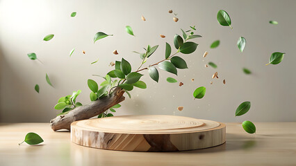 A natural wood slice podium showcases a dynamic display of a branch with leaves and petals floating in the air