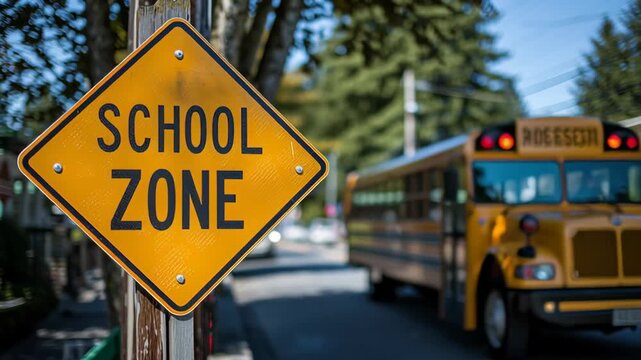Bright yellow school zone sign stands prominently beside the road, with a yellow school bus in the background, emphasizing safety and awareness for children in a busy urban environment