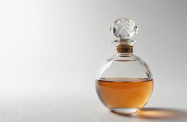 Crystal perfume bottle with gold foil stopper on white background. Clear glass bottle with amber liquid. Beige countertop. Comprehensive view of bottle and surroundings from elevated angle.