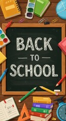 Back to school chalkboard with colorful stationery and books  
