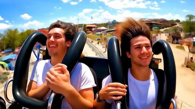 Two men laughing on a roller coaster against a clear blue sky