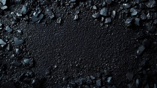 Black Coal Texture: A close-up of coarse black coal chunks and fine granules, showcasing the raw texture and intricate patterns in a dark environment.