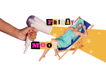 Creative poster collage of beautiful female enjoy friday mood relaxation spa salon lying sunbed hairdryer magazine surrealism metaphor