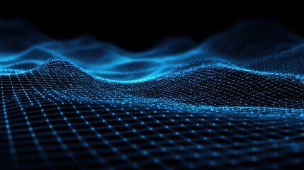 Abstract digital waves with a glowing blue mesh pattern, representing data flow and innovation in technology.