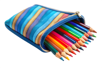 A blue and multicolored striped pencil case overflowing with vibrant colored pencils, isolated on a transparent background