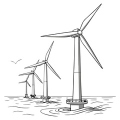 Vector art of a series of offshore wind turbines stand tall in the ocean generating renewable energy source