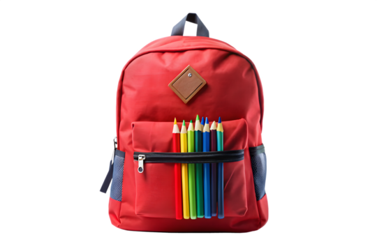 school backpack with school supplies on transparent background