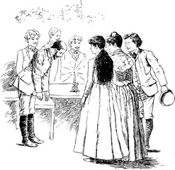 Vintage Illustration: Group of People in Victorian Era Setting