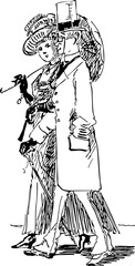 Vintage Couple Walking with Parasol and Cane
