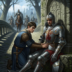 Epic Knight in Medieval Armor &ndash; Injured Warrior in Heroic Fantasy Battle Scene, Reflecting Courage, Bravery, and Emotional Storytelling