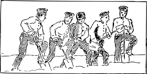 Vintage Illustration of Workers with Shovels