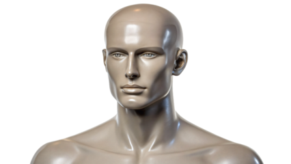 White isolated plastic mannequin head with a human-like face and bust, resembling a dummy or model for fashion and beauty