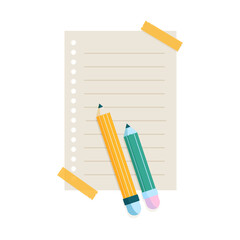 Minimalist vector illustration of a punched paper sheet taped with colorful washi tapes and two yellow and green pencils resting on it