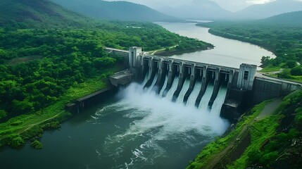 Dam's Water Unleashed: A scenic image of a dam, showcasing the dynamic power of water cascading over its structure, creating a mesmerizing display.