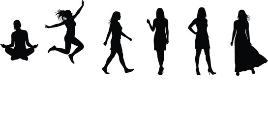 Collection of Diverse Female Silhouettes in Various Poses Including Yoga, Jumping, and Walking, Representing Lifestyle, Activity, and Wellness.
