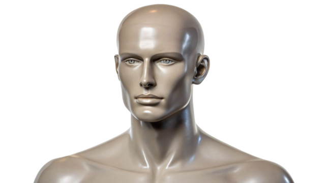 White isolated plastic mannequin head with a human-like face and bust, resembling a dummy or model for fashion and beauty