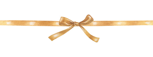 Long seamless border with a gold bow on a ribbon. Watercolor illustration of a holiday decor. Hand drawn vintage sketch on white isolated background. Water color painting art image