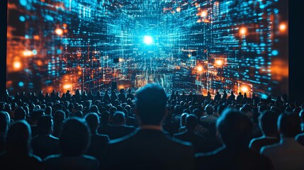 Witnessing Technological Marvel: A sea of people is captivated by the brilliance of a digital spectacle, their gazes fixed on a luminous portal of innovation. 