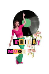Vertical creative collage image of funny young girl celebrate friday mood retro vinyl record...