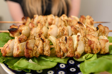 Grilled chicken skewers, pieces of turkey fillet grilled with onions on a plate close-up