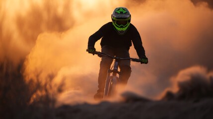 Bmx rider creating dust cloud at sunset