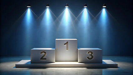 A dramatic podium with three tiers is highlighted by bright blue spotlights in a dark setting