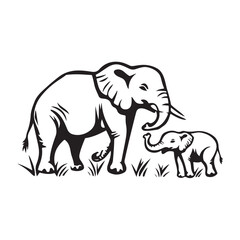 Vector illustration of an adult elephant and its baby in affectionate poses. Perfect for wildlife, family, nature, and conservation themes.