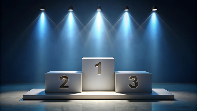A dramatic podium with three tiers is highlighted by bright blue spotlights in a dark setting