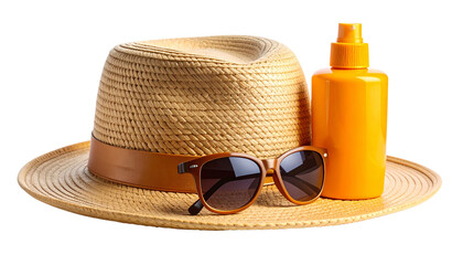 Sun hat, sunglasses, and sunscreen bottle together, isolated on transparent background