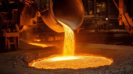 Molten Metal Pouring: A dynamic scene of molten metal being poured, showcasing the fiery glow and industrial process with a focus on texture and form.