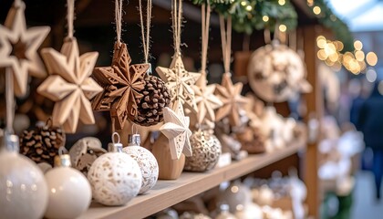 Wooden and ceramic ornaments displayed on shelves at a Christmas market