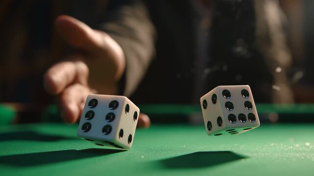 Hand throwing two white dice with black dots on a green felt surface, capturing the moment of chance and excitement in a gambling environment, showcasing the thrill of the game and anticipation