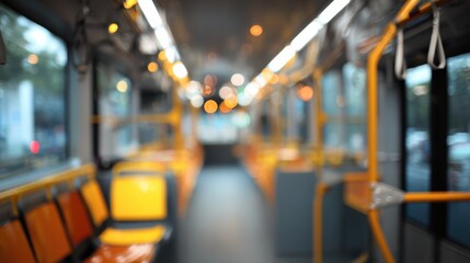An empty public transport interior showcasing modern seating and bright lighting in a blurred urban setting.