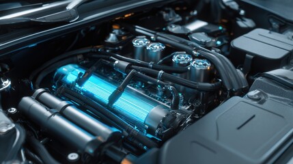 Fototapeta premium An intricate view of a modern car engine, showcasing advanced technology with a vibrant blue glow.