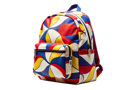A vibrant backpack with a colorful geometric pattern, isolated on a transparent background