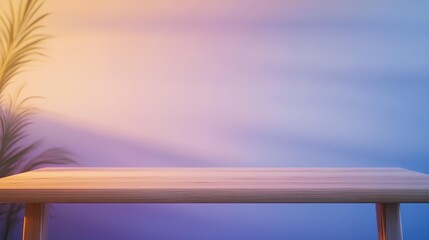 Minimalist Table Display with Botanical Shadows: A minimalist wooden table is illuminated by soft, diffused lighting casting gentle shadows of palm leaves on the serene.